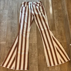 Wysteria Lane Brown & White Striped High-rise, flare jeans with a raw/frayed hem thumbnail 2