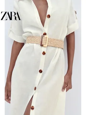 ZARA Cream Button-Front Midi Shirt Dress with Woven Belt thumbnail 3