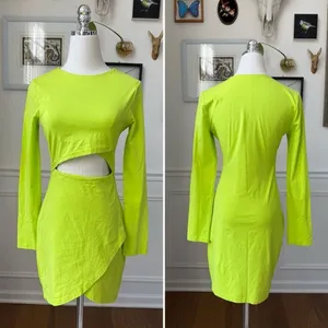 Superdown Kierra Mini Dress Neon Lime Long Sleeve Cut Out BodyCon S thumbnail 3