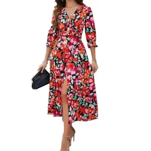 Floral Ruffle Trim A Line Dress Midi Length Boutique Dress Side Slit in Multi thumbnail 7