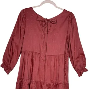Anthropologie Rust Swiss Dot Tiered Mini Dress Long Sleeve Babydoll M thumbnail 4