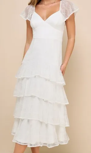 Lulu's Graceful Darling Flutter Sleeve White Lace Midi Fairy Dress thumbnail 1