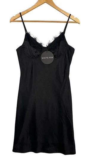 New White Fox Mini Slip Dress Womens Small Black Lace Trim Party Sexy Date Night thumbnail 1
