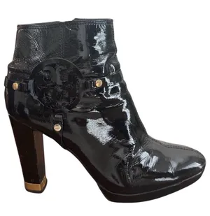 Tory Burch Whitney Booties Black Patent Leather Logo Platform Size 8 thumbnail 1