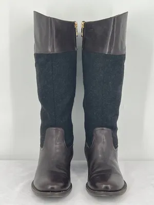 Tommy Hilfiger Madelen 2 Brown Leather Charcoal Wool Gold Logo Riding Boots 9.5 thumbnail 2
