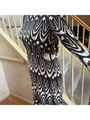 Zara Printed Midriff Cutout Brown Cream Ikat Tribal Puff Sleeve Maxi Dress Sz S thumbnail 10