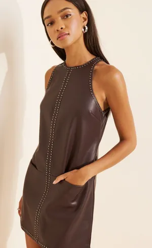 Saylor Damian Chocolate Brown Vegan Leather Mini Dress Party Dress Size S thumbnail 1