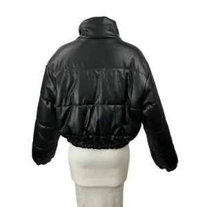 Le Lis Black Faux Vegan Leather Quilted Long Sleeve Crop Puffer Coat Jacket Sz L thumbnail 4