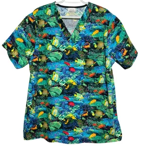 Five Star Fundamentals Women's Short Sleeve V-Neck Tropical Fish Scrubs Size L thumbnail 1
