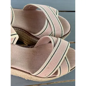 Tory Burch Pink Beige Striped Strappy Wedge Platform Slip-On Sandals Size 7M thumbnail 11