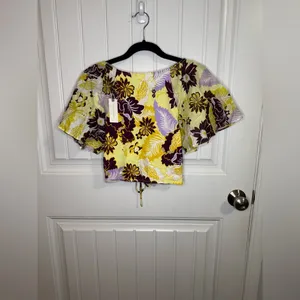 Anthropologie Maeve Purple and Yellow Floral Flutter Sleeve Cinched Top thumbnail 7