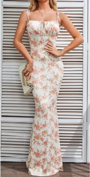 KUTUMAI Women's Summer Floral Bodycon Maxi Dress NWT Coquette Spaghetti Strap LG thumbnail 1