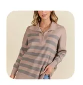 Pink Lily Pulling Heartstrings Taupe Striped Quarter Zip Pullover thumbnail 2