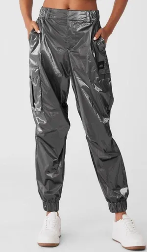 Alo Metallic High-Waist Break Line Joggers Silver Chrome Shiny Hi-Rise Waisted S thumbnail 1