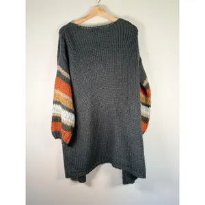 Davi & Dani Charcoal Grey Chunky Knit Striped Balloon‎ Sleeve Cardigan Medium thumbnail 4