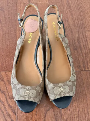 Coach Tan Signature Canvas Peep-Toe Slingback Heels with Black Toe thumbnail 8