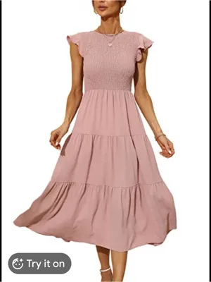 Women's Tiered Smocked Midi Dress in Dusty Pink Sz L thumbnail 2