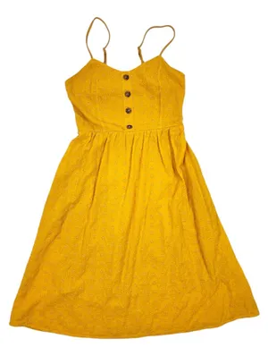 Cotton Women’s Yellow Eyelet Knee Lenght Dress Smocked Back Size M thumbnail 1