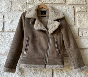 Zara Women's Tan Faux Suede Biker Jacket thumbnail 1