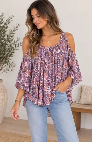 Free People Boho Cold Shoulder Blouse Womens Large Purple Paisley Bell Sleeve thumbnail 1