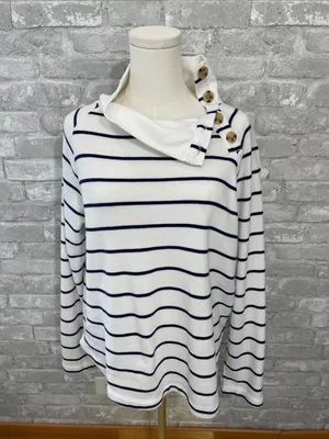 J. Crew White & Navy Striped wide button-collar pullover sweatshirt thumbnail 2