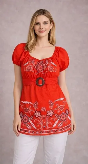 Vintage Y2K Orange Embroidered Belted Waist Short Sleeve Top Large #757 thumbnail 1