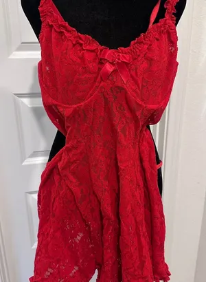 Red Lace Babydoll Lingerie with Bow Accent thumbnail 1