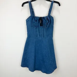 Lulus Considered Charisma Blue Chambray Bustier Mini Dress Cute A Line M NWT thumbnail 5