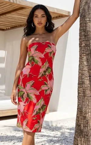 Helen Wang New York Red Tropical Floral Strapless Midi Sheath Dress Size 4 thumbnail 1