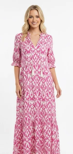 Elegant Pink Patterned Maxi Dress with tassels size  large thumbnail 1