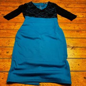 Oxiuli Fashion Teal and Black Lace V-Neck Sheath‎ Dress Size M Midi Bodycon thumbnail 1