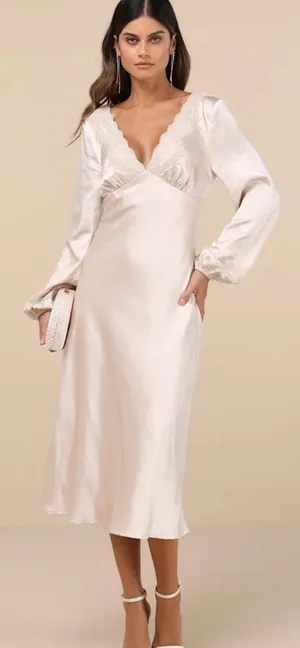 Lulus Illustrious Elegance Champagne Satin Long Sleeve Midi Dress thumbnail 1