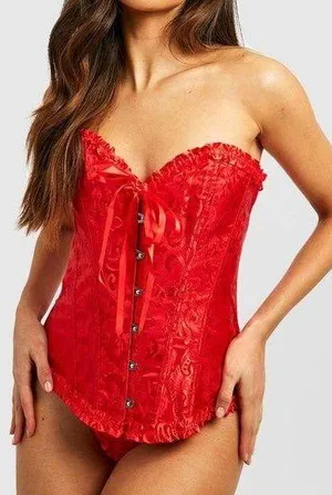 Lace up Hook and eye Red corset ruffle trim Medium thumbnail 1