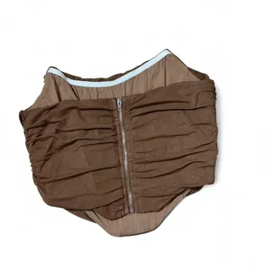Y2K Brown Ruched Mesh Corset Tube Top Strapless Dark Academia Curved Hem‎ Size M thumbnail 2
