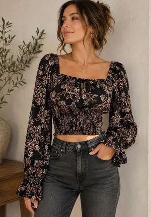 Free People Floral Smocked Crop Top L Square Neck Balloon Sleeve Black Boho thumbnail 1