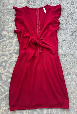 Lucy In The Sky Tie Front Ruffle Sleeve Mini Dress Red Small thumbnail 1