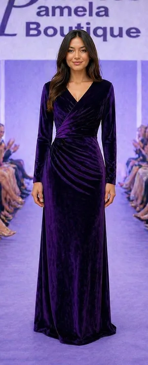 #678 Purple Velvet deep v neckline. Faux wrap-style maxi dress thumbnail 1