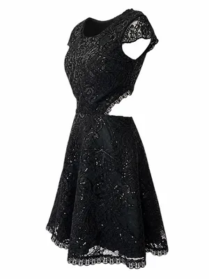 NWT Macy Black Sequin Lace Mini cutout Dress 7 S Whimsigoth Coquette Semi Formal thumbnail 7
