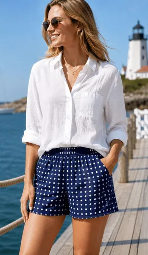 J.Crew Factory Boardwalk Pull-On Shorts‎ Navy White Polka Dot Linen Blend Size 6 thumbnail 1