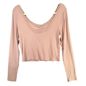 Pretty Garbage Long Sleeve Baby Tee Size L Pink Rib Knit Scoop Dainty Lace‎ Top thumbnail 8