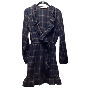 Sunner Navy plaid Cotton Ruffle wrap dress. Size Medium Blue thumbnail 5