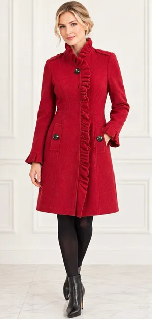 Etcetera Red 100% Merino Wool Ruffle Trench Coat Jacket XS Flawed /Repair Needed thumbnail 1