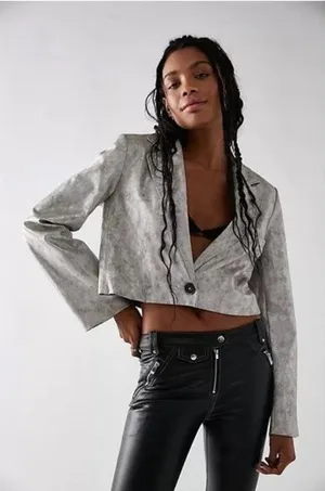 NWT Free People Block Party Metallic Blazer M Silver Vegan Leather Cropped Vneck thumbnail 1