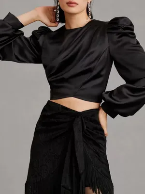 Anthropologie Mare Mare Satin Puff-Sleeve Top Black Draped Puff-Sleeve Blouse thumbnail 2