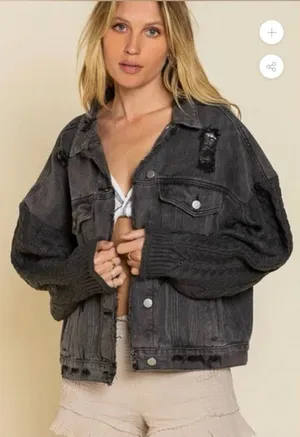 POL Washed Charcoal Black Distressed Denim Jacket with Dark Knit Sleeves Large thumbnail 1