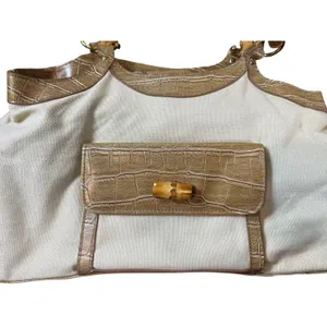Avon 2006 Faux Bamboo Handle Canvas Satchel Handbag Beige Croc Embossed Purse thumbnail 6