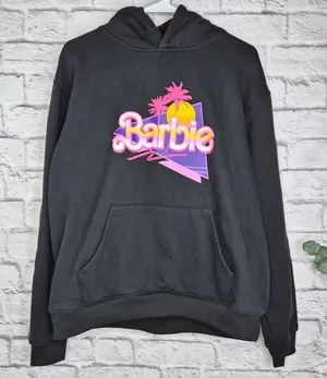 Barbie Malibu Beach Graphic Hoodie L Black Neon Retro Pullover Sweatshirt fall thumbnail 1