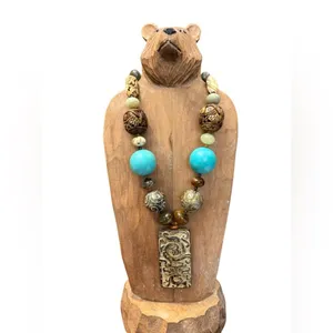 Handcrafted Turquoise and Brown Beaded Necklace beautiful hand carved beads thumbnail 2