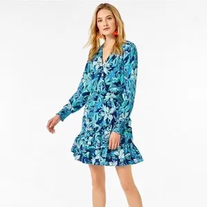 LILLY PULITZER Cristiana Dress‎ High Tide Navy Take It Or Leaf It Smocked 0 thumbnail 4