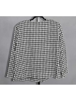 Fashion Bug Black White Houndstooth Tweed Collarless Blazer Rosette Pin 22/24 thumbnail 3